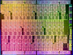 Die shot of Aubrey Isle silicon. Aubrey isle is the codename of the silicon chip included the 'Knights Ferry' Intel Many Integrated Core (MIC) architecture development platform.